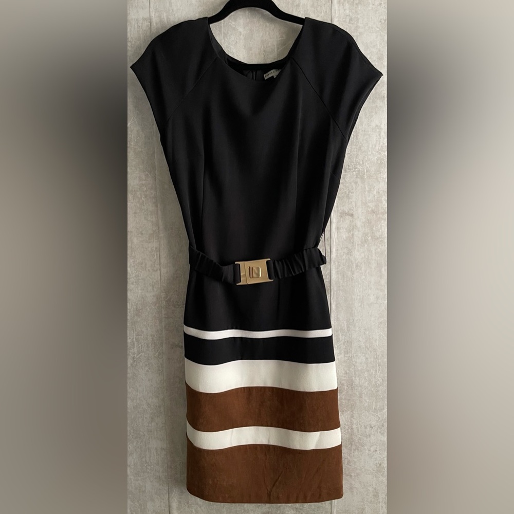 Sandra Darren Sheath Color Block in Black Cream Brown Suede Feel Opt. Belt Sz 12